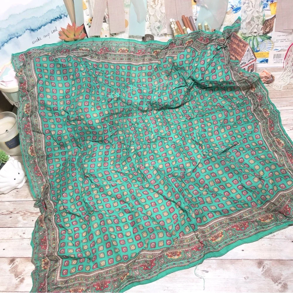 Vintage Green Brown Womens Square Scarf Head Wrap Floral Geometric Print Classic